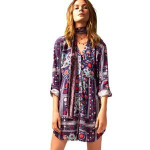 Josie Natori M Boheme Challis Sleepshirt Floral Button Up Roll Tab Sleeve 219G